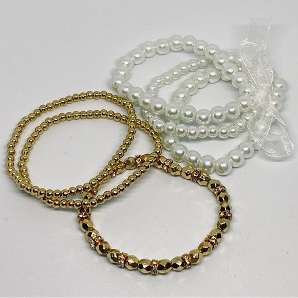 Gold Pearl and Rhinestone Elastic Bead Bracelet Stackable Bundle of Four - Picture 5 of 5
